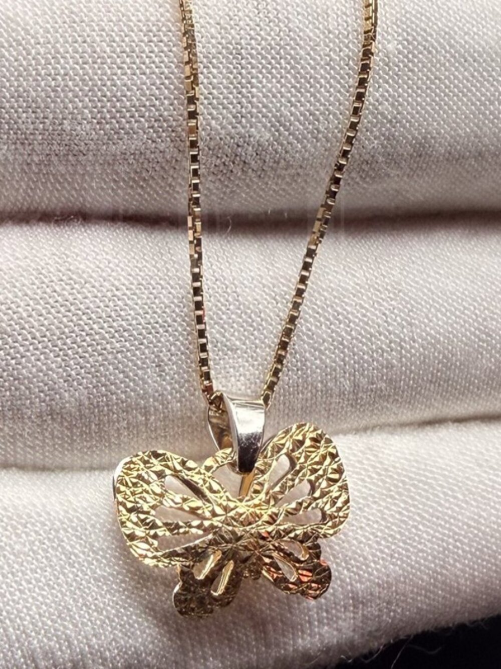 14K Two Tone Gold Butterfly Pendant With 0.8mm Box Chain - 24  inch